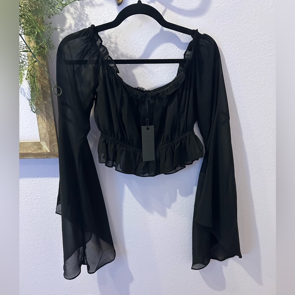 Widow Sheer Mesh Crop Top with Bell Sleeves size small